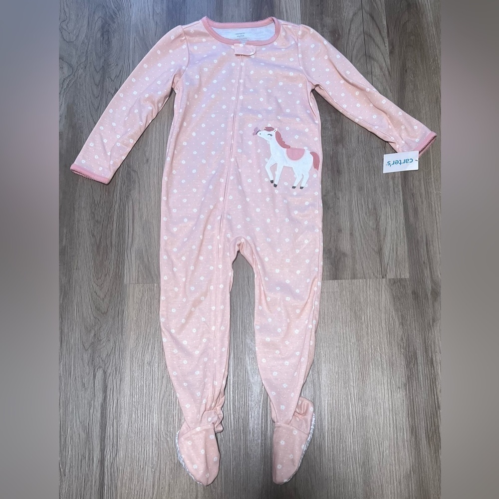 Girl's Carter's Pink With Flowers and Unicorn Long Sleeved Feetie Pajamas